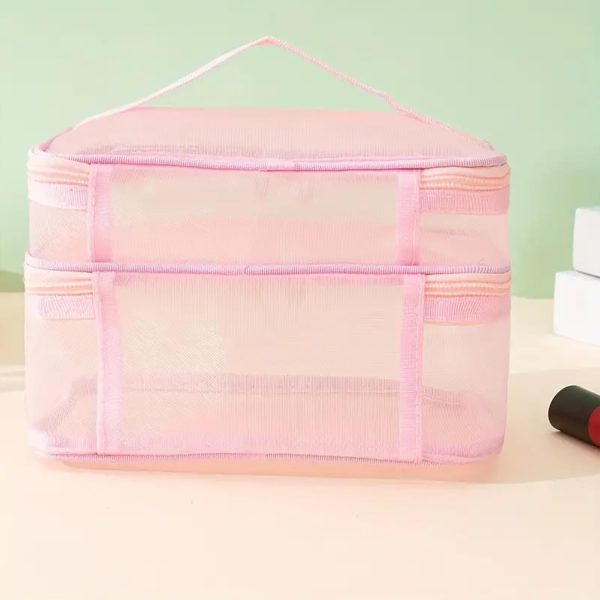 Peekingoose Double Layer Travel Makeup Bag Mesh Bag for Women,Travel Essentials Toiletry Bag Makeup Organizer Large Capacity Zipper Cosmetic Bag Vacation Essentials for Women-Pink