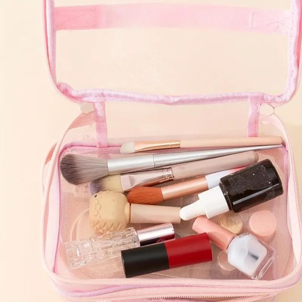 Peekingoose Double Layer Travel Makeup Bag Mesh Bag for Women,Travel Essentials Toiletry Bag Makeup Organizer Large Capacity Zipper Cosmetic Bag Vacation Essentials for Women-Pink