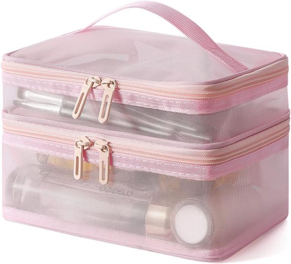 Peekingoose Double Layer Travel Makeup Bag Mesh Bag for Women,Travel Essentials Toiletry Bag Makeup Organizer Large Capacity Zipper Cosmetic Bag Vacation Essentials for Women-Pink