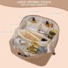 Peekingoose Makeup Bag Large Capacity Travel Cosmetic Bag with Compartment Waterproof PU Leather Makeup Bag Portable Flower Makeup Bag for Women and Girl Travel Khaki Makeup Organizer Bag