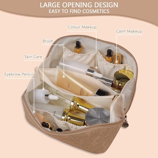 Peekingoose Makeup Bag Large Capacity Travel Cosmetic Bag with Compartment Waterproof PU Leather Makeup Bag Portable Flower Makeup Bag for Women and Girl Travel Khaki Makeup Organizer Bag