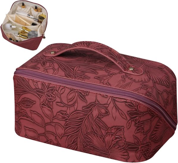 Peekingoose Makeup Bag Large Capacity Travel Cosmetic Bag with Compartment Waterproof PU Leather Makeup Bag Portable Flower Makeup Bag for Women and Girl Travel Khaki Makeup Organizer Bag