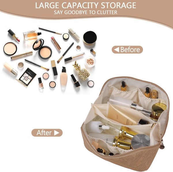 Peekingoose Makeup Bag Large Capacity Travel Cosmetic Bag with Compartment Waterproof PU Leather Makeup Bag Portable Flower Makeup Bag for Women and Girl Travel Khaki Makeup Organizer Bag