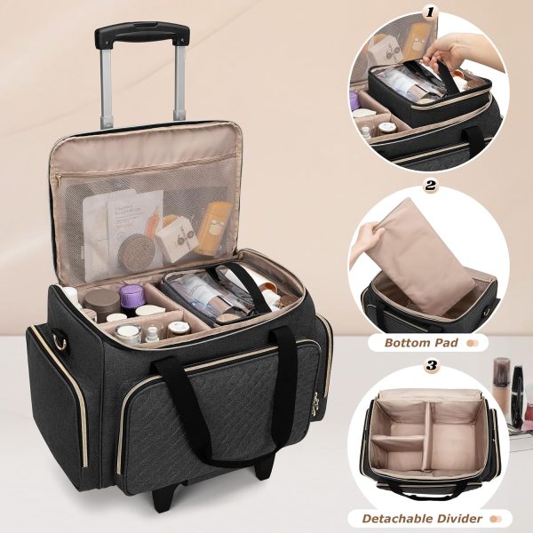 Peekingoose Rolling Makeup Case with 3 Removable Pouches and 1 Makeup Brush Bag, Large Makeup Bag Cosmetic Bag with Detachable Dolly
