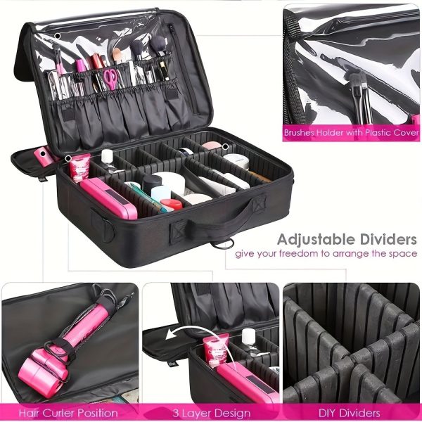 Peekingoose 3-Layer Travel Makeup Bag With Dividers, Professional Cosmetic Train Storage Case Organizer For Cosmetic Brushes Tools, Jewelry Accessories & Toiletries