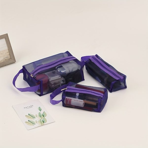 Peekingoose 3pcs Multi Functional Portable Mesh Transparent Wash Bag Cosmetic Bag, Simple Storage Bag With Zipper Handle