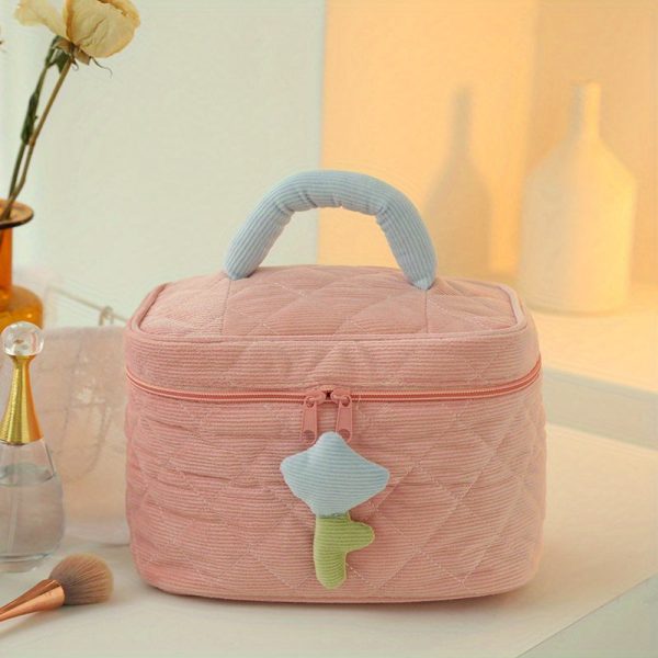 Peekingoose Plush Flower Decor Colorblock Makeup Bag, Quilted Zipper Cosmetic Handbag, Versatile Toiletry Wash Bag