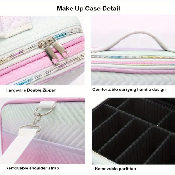 Peekingoose Waterproof Gradient Cosmetic Case for Women, Travel Makeup Organizer with Adjustable Compartments, PU Material, Unscented Beauty Storage Box with Brush Cover