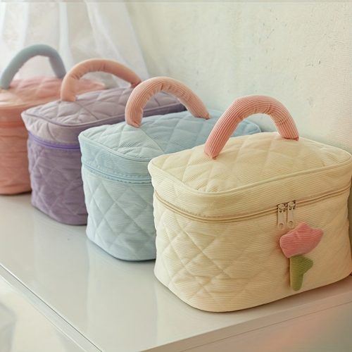 fb6a738dd0846ec1aefe6eaf1af92d09-1 Peekingoose Plush Flower Decor Colorblock Makeup Bag, Quilted Zipper Cosmetic Handbag, Versatile Toiletry Wash Bag